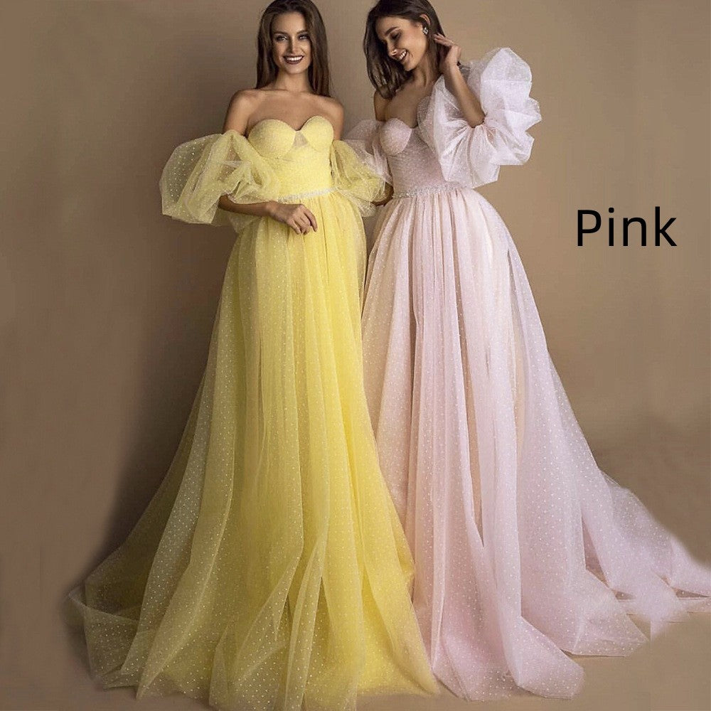 Monika Beauty Pageant Evening Gown Tube Top Retro Lantern Sleeve Light Yarn