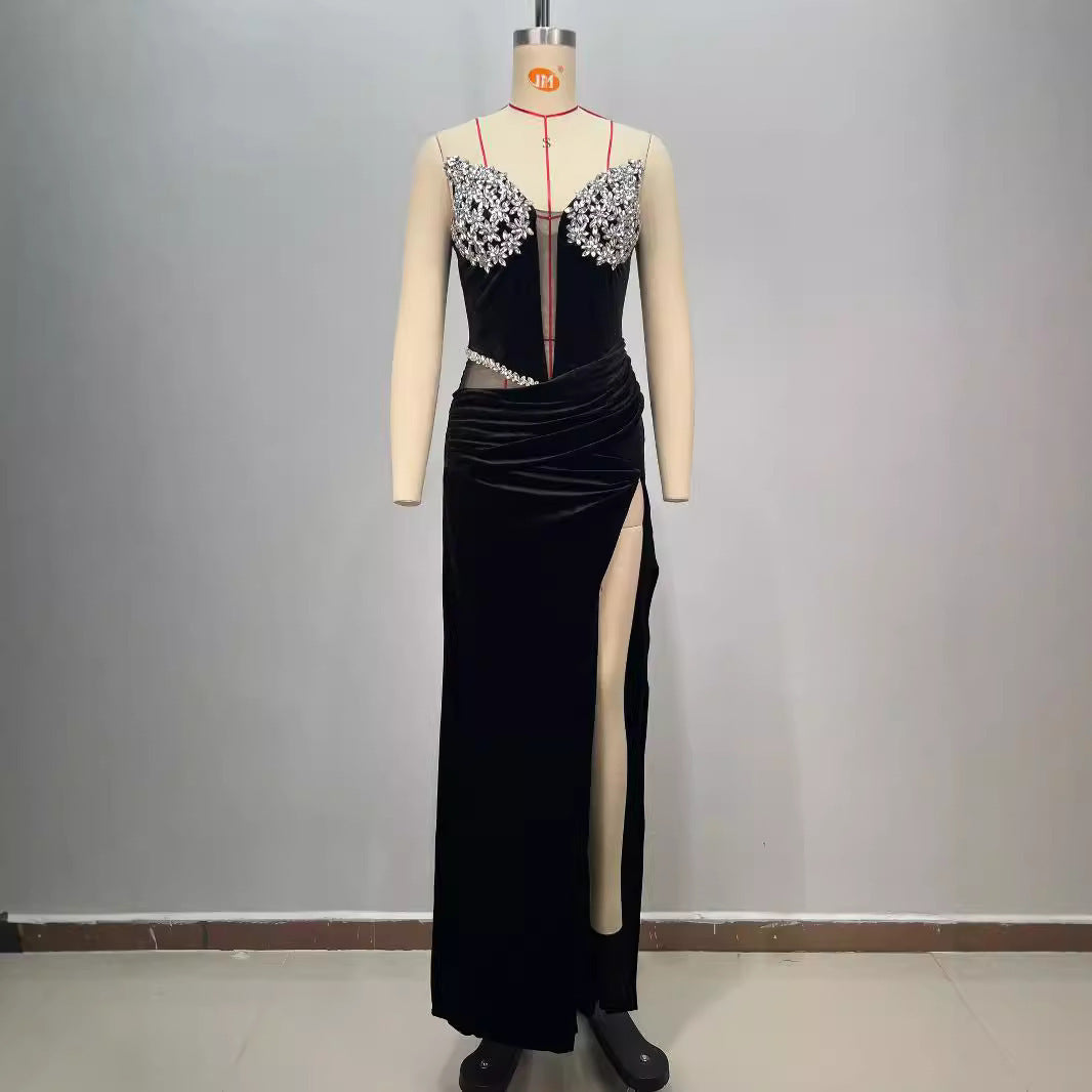 Monika Beauty Pageant Women's Black Bandeau Slim-fit Hot Drilling Long Dress