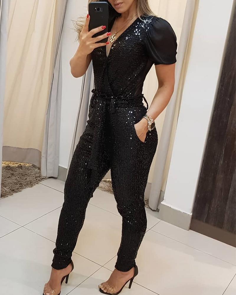 Monika Beauty Pageant Deep V sequined jumpsuit