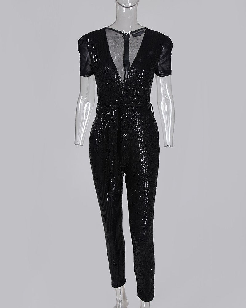 Monika Beauty Pageant Deep V sequined jumpsuit