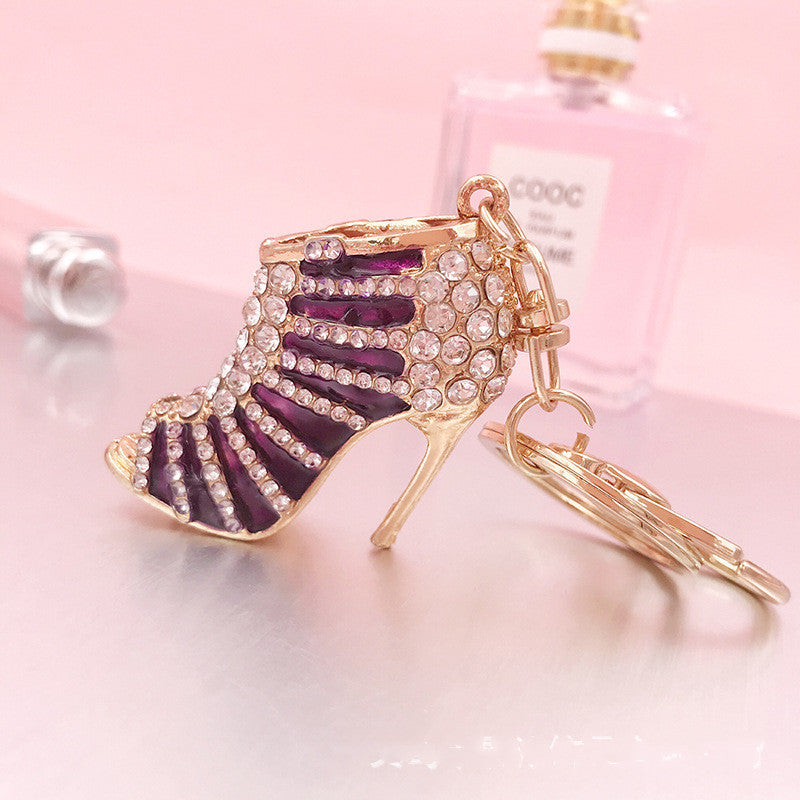 Monika Beauty Pageant Metal Rhinestone Striped High Heels Keychain