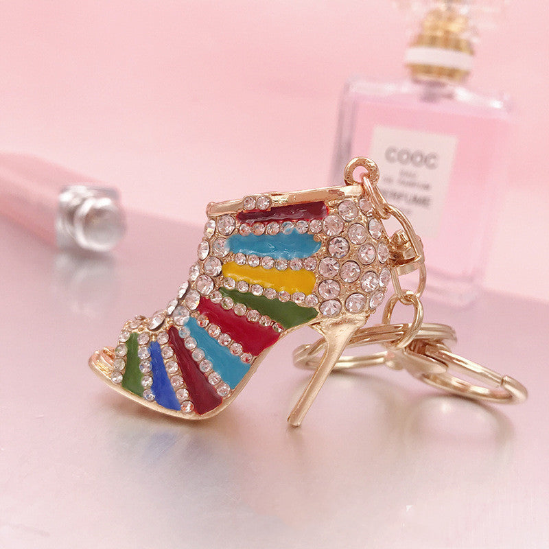 Monika Beauty Pageant Metal Rhinestone Striped High Heels Keychain