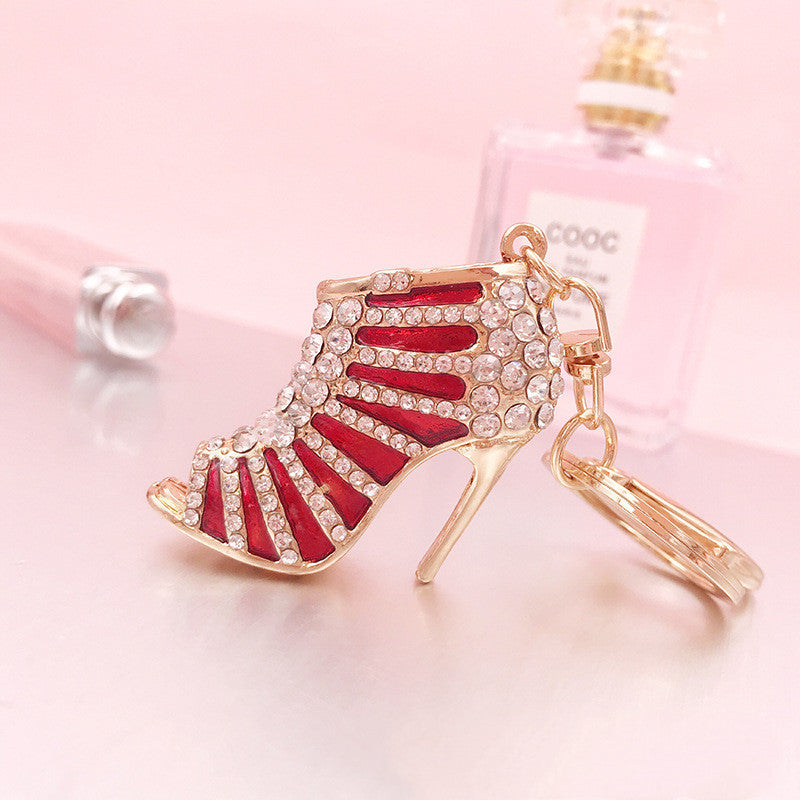 Monika Beauty Pageant Metal Rhinestone Striped High Heels Keychain