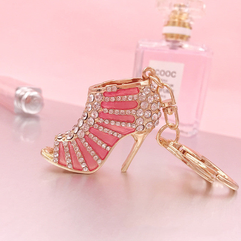Monika Beauty Pageant Metal Rhinestone Striped High Heels Keychain
