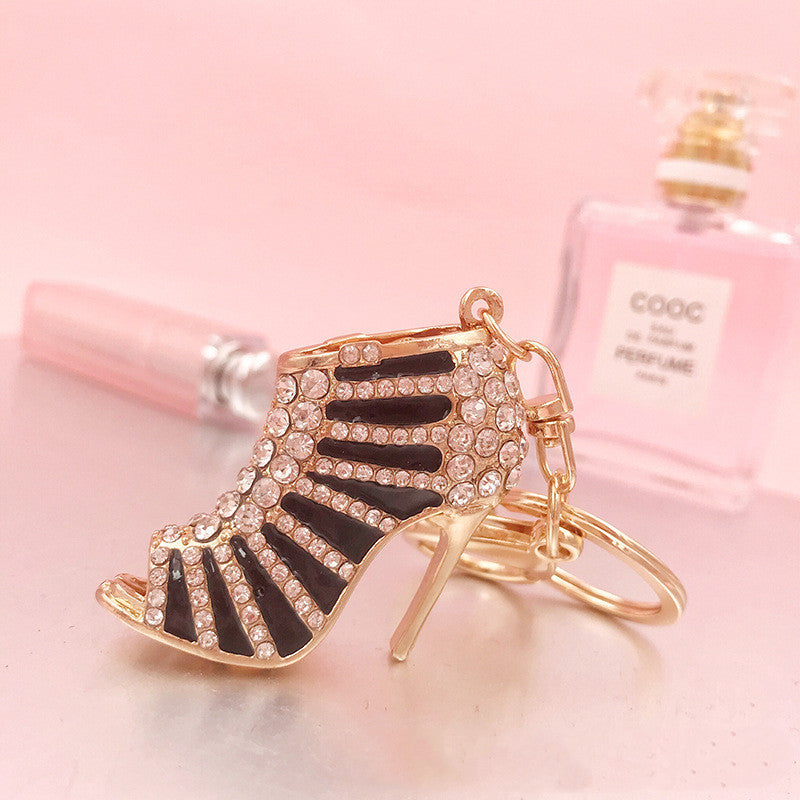 Monika Beauty Pageant Metal Rhinestone Striped High Heels Keychain