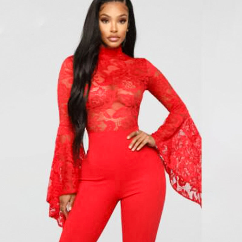 Monika Beauty Pageant Flared Sleeve Lace See-Through Jumpsuit