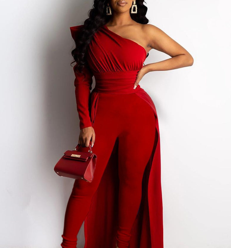 Monika Beauty Pageant European And American New Style Red One-Shoulder Puff Sleeve Skinny Long Mop Jumpsuit