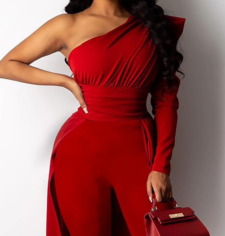 Monika Beauty Pageant European And American New Style Red One-Shoulder Puff Sleeve Skinny Long Mop Jumpsuit