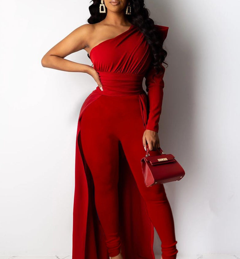 Monika Beauty Pageant European And American New Style Red One-Shoulder Puff Sleeve Skinny Long Mop Jumpsuit