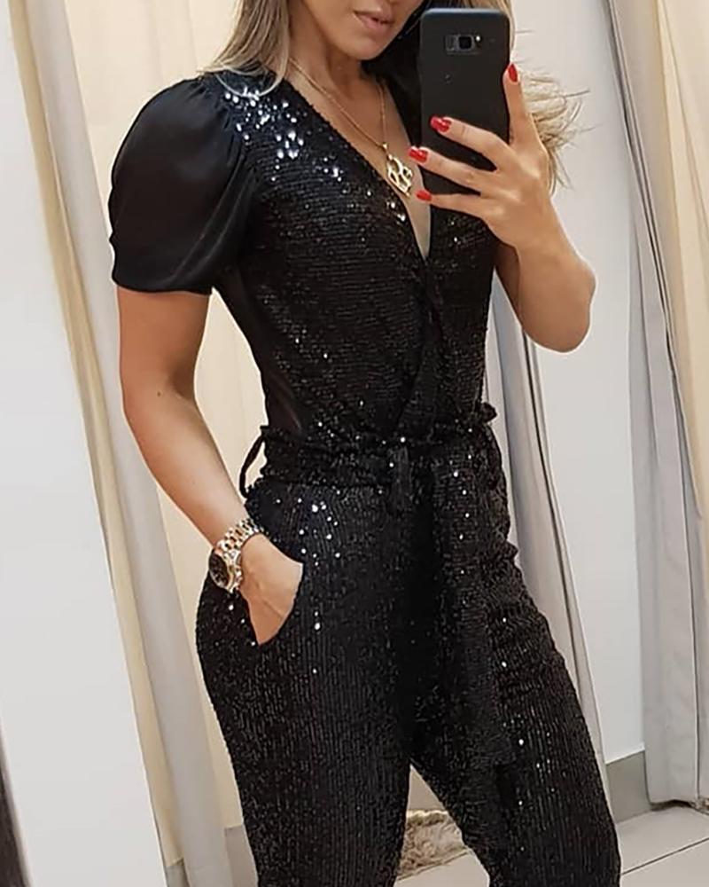 Monika Beauty Pageant Deep V sequined jumpsuit