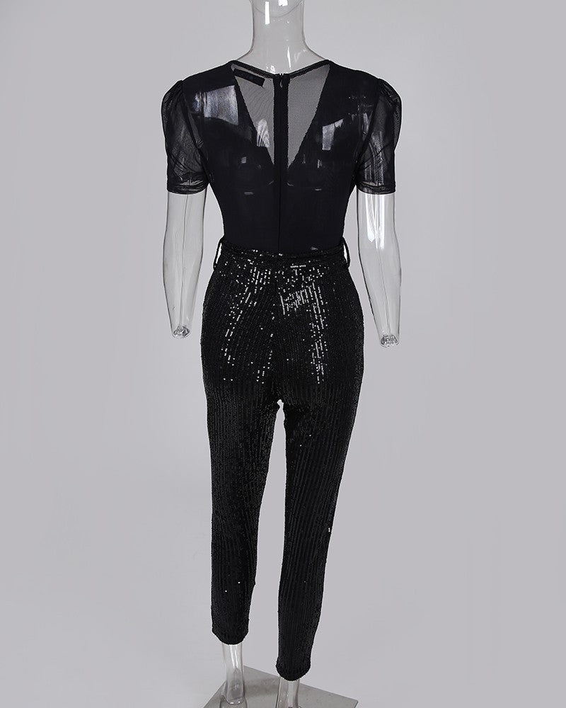 Monika Beauty Pageant Deep V sequined jumpsuit