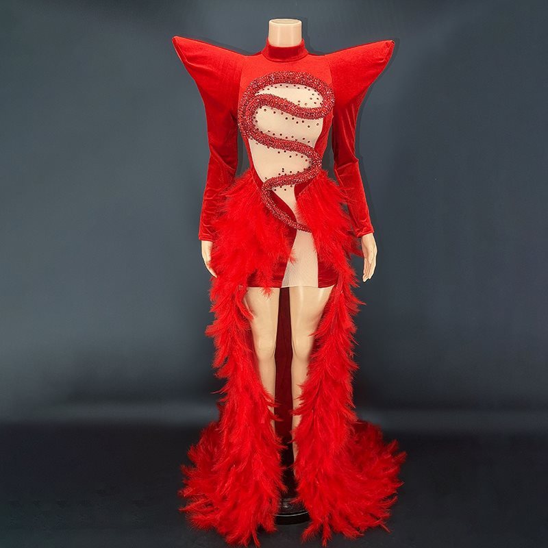 Monika Beauty Pageant Rhinestone Feather Dress Party Stage