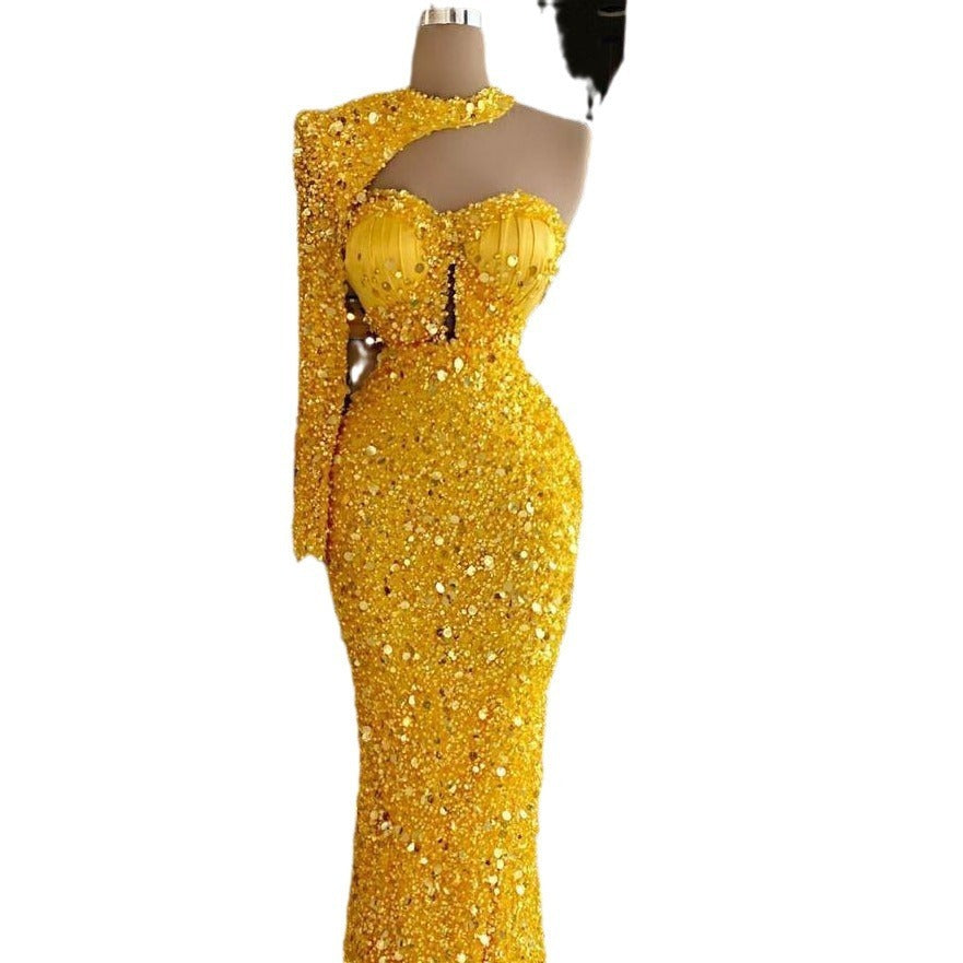 Monika Beauty Pageant Sequined Pearl Embroidery Lace Asymmetric Single Sleeve Dress