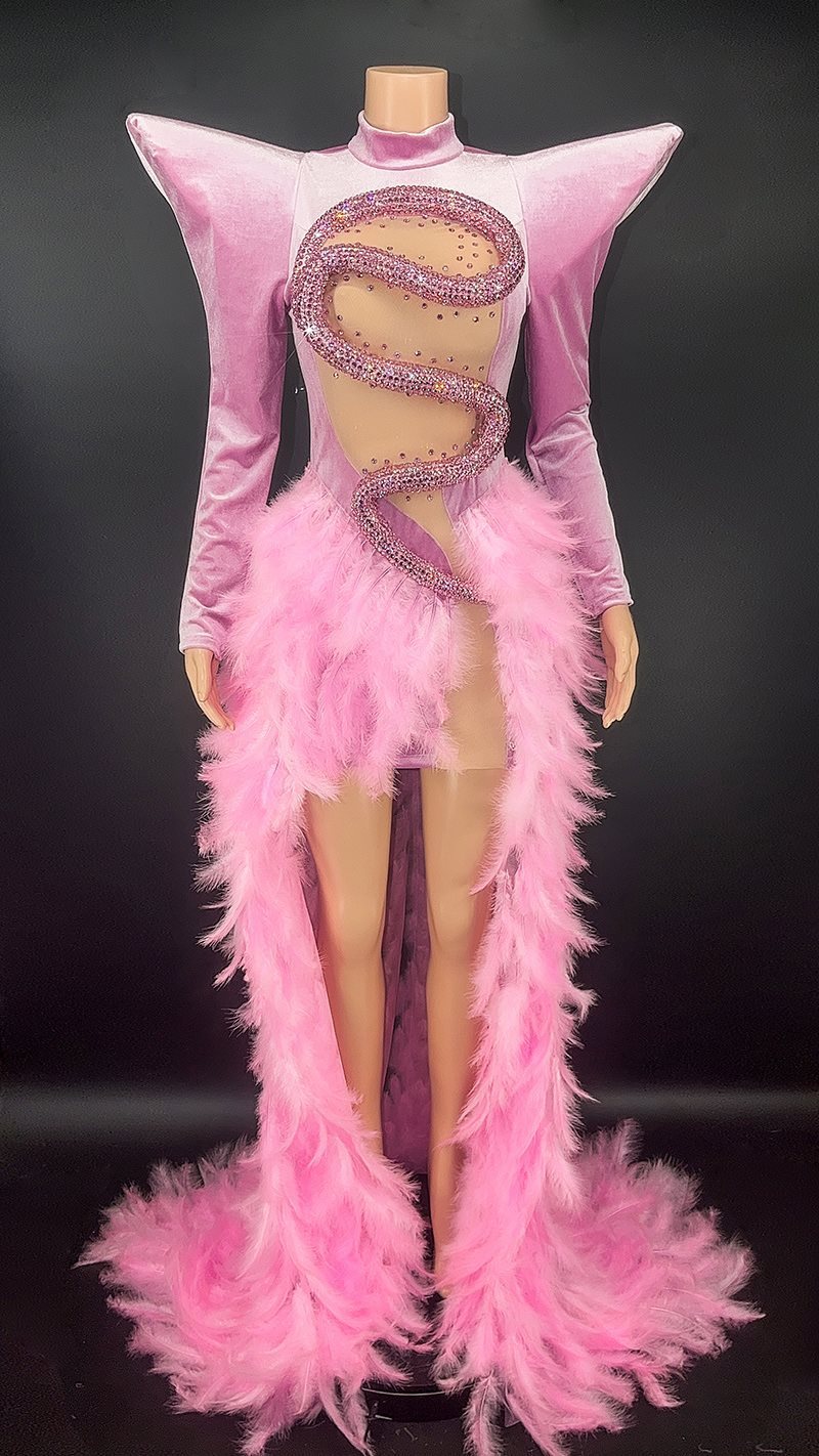 Monika Beauty Pageant Rhinestone Feather Dress Party Stage