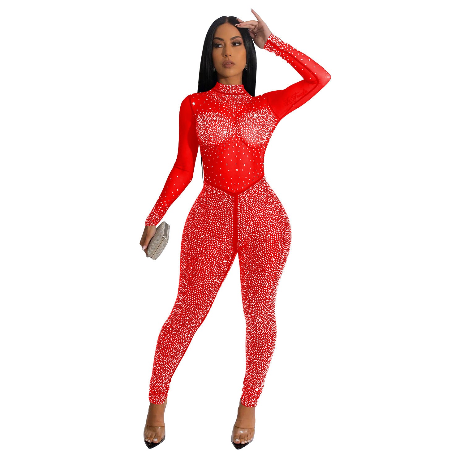 Monika Beauty Pageant Fashion Women's Pure Color Mesh Hot Drilling Long Sleeve Jumpsuit