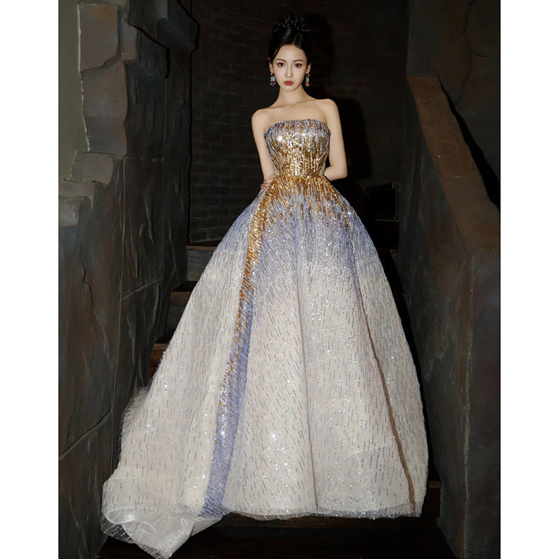 Monika Beauty Pageant Purple Tube Top Light Miniature High-end Banquet Embossed Toast Dress