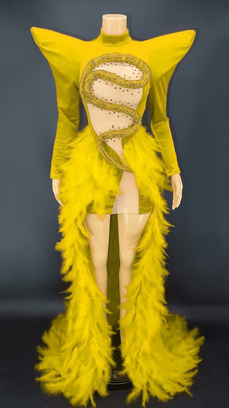 Monika Beauty Pageant Rhinestone Feather Dress Party Stage