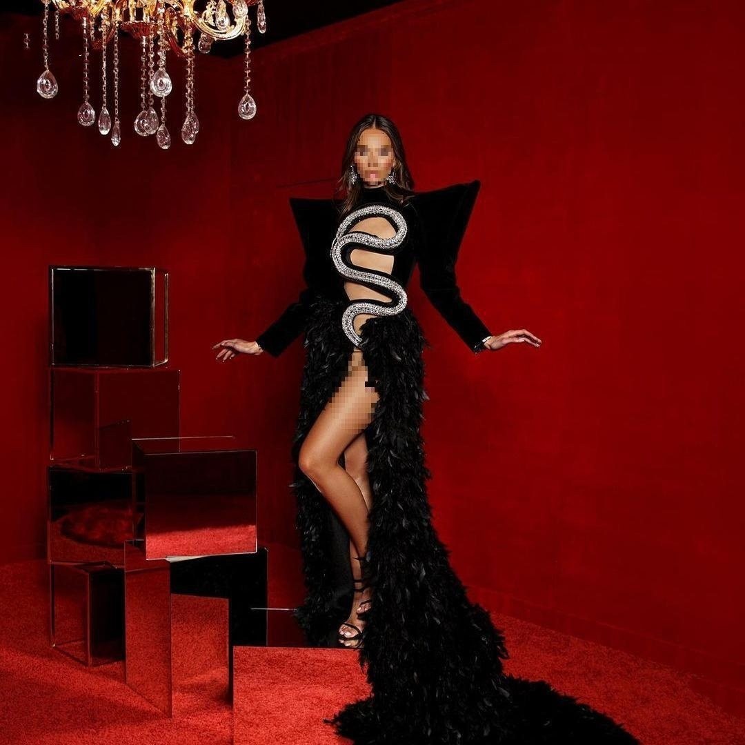 Monika Beauty Pageant Rhinestone Feather Dress Party Stage