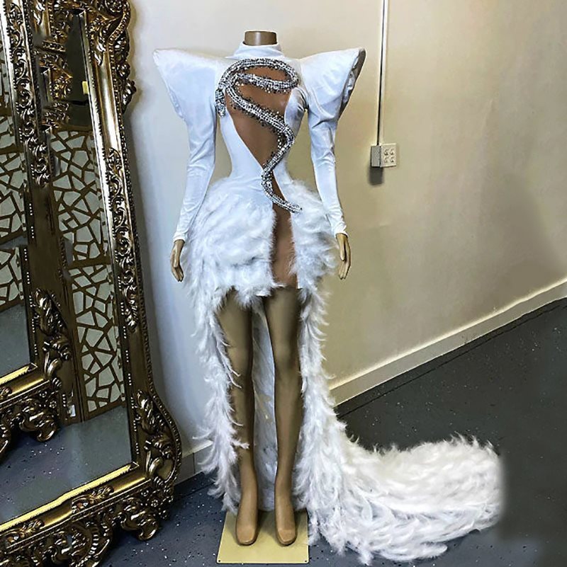 Monika Beauty Pageant Rhinestone Feather Dress Party Stage