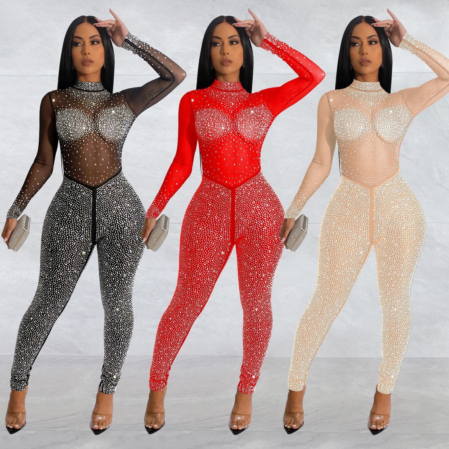 Monika Beauty Pageant Fashion Women's Pure Color Mesh Hot Drilling Long Sleeve Jumpsuit