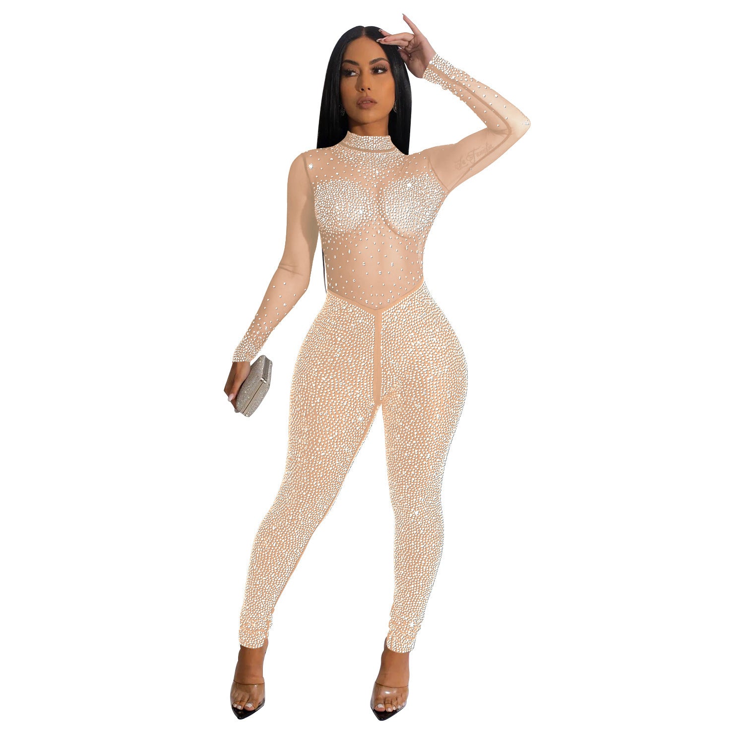 Monika Beauty Pageant Fashion Women's Pure Color Mesh Hot Drilling Long Sleeve Jumpsuit
