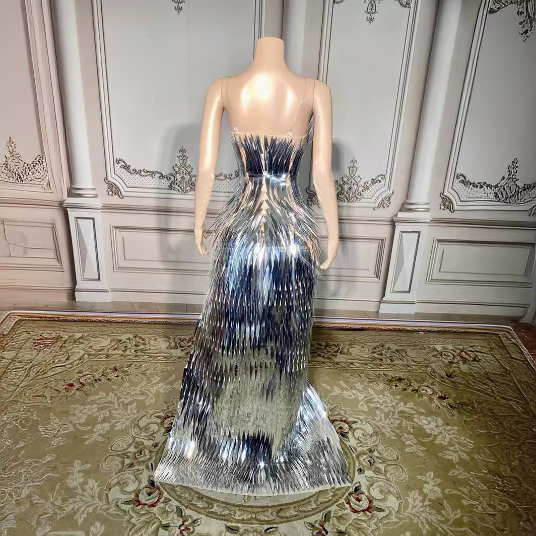 Monika Beauty Pageant Stage Advanced Light Luxury Evening Dress Sequined Design Side Slit Tail Slim Temperament