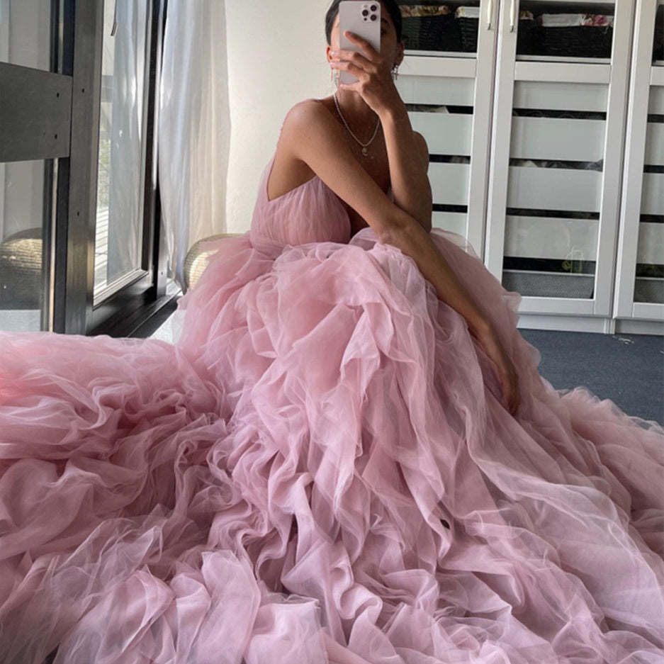 Monika Beauty Pageant Evening Gown Prom Irregular Spaghetti-strap Mesh Long Dress