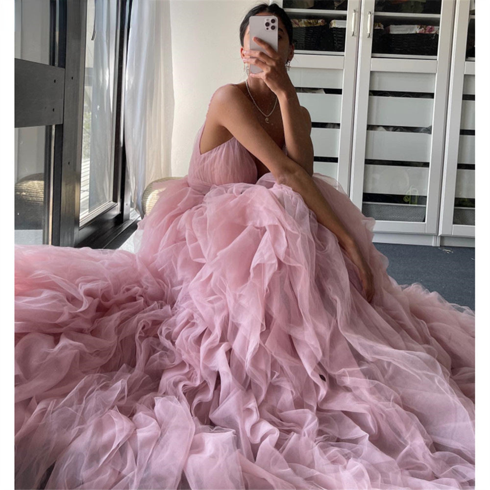 Monika Beauty Pageant Evening Gown Prom Irregular Spaghetti-strap Mesh Long Dress