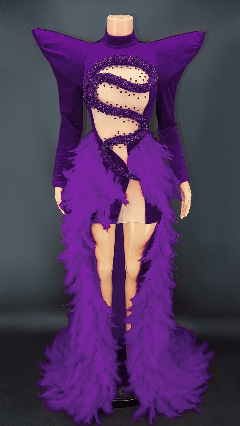 Monika Beauty Pageant Rhinestone Feather Dress Party Stage