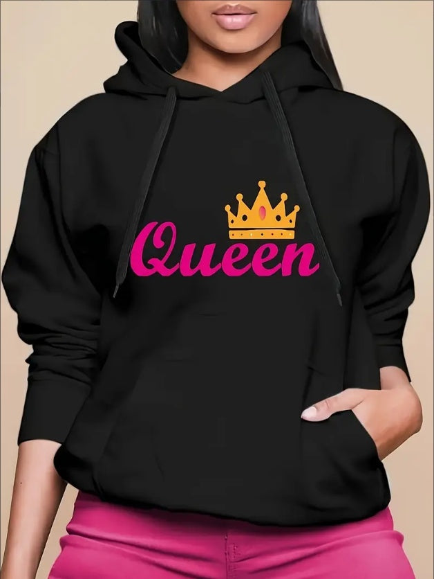 Monika Beauty Pageant Plus Size Women's Long Sleeve Drawstring Hooded Sweatshirt With Pockets, Letter & Crown Print Casual