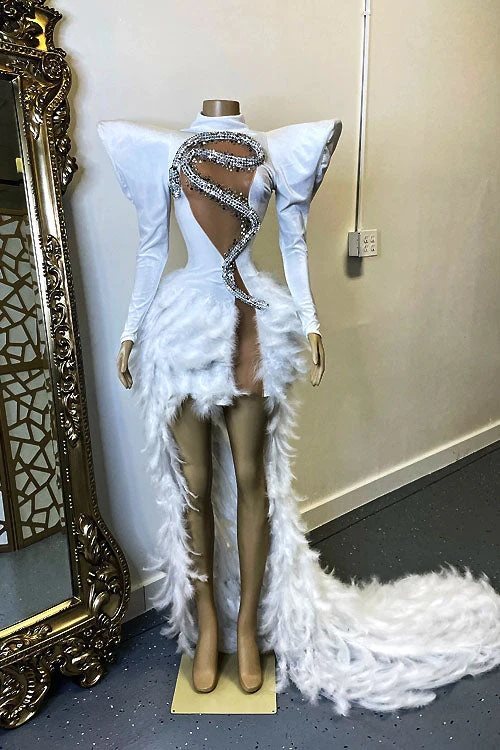 Monika Beauty Pageant Rhinestone Feather Dress Party Stage