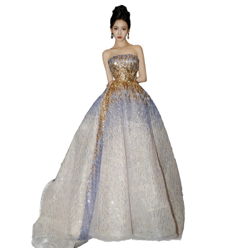 Monika Beauty Pageant Purple Tube Top Light Miniature High-end Banquet Embossed Toast Dress